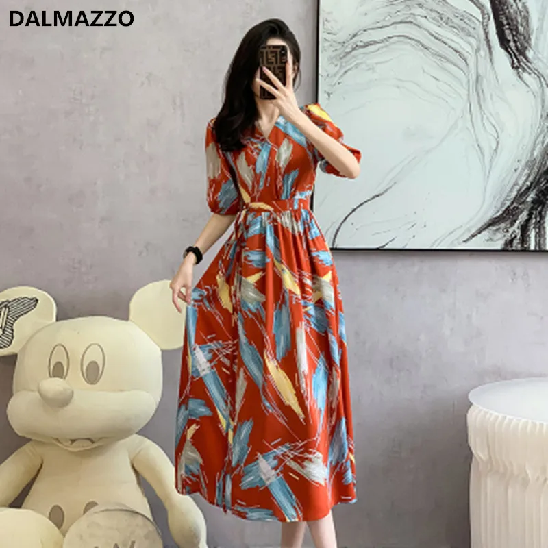 

DALMAZZO Fashion Summer French Print Holiday Slim Long Dress Women V Neck Floral Big Swing Beach Vestidos Large Size 2023 New