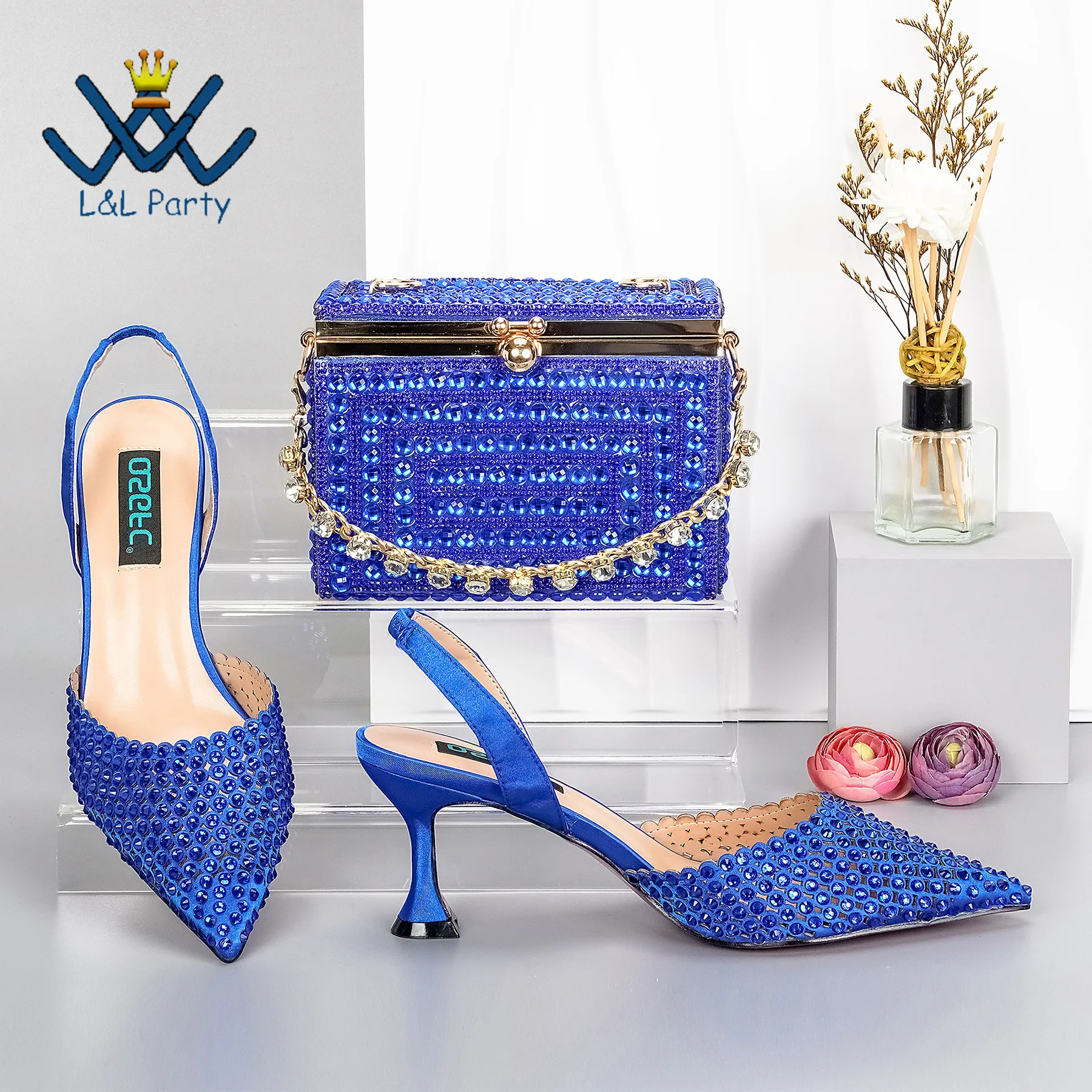 Navy Blue Color 2024 Autumn New Coming Hot Sale Sweet Ladies Shoes and Bag Set Party Pumps with Shinning Crystal for Wedding