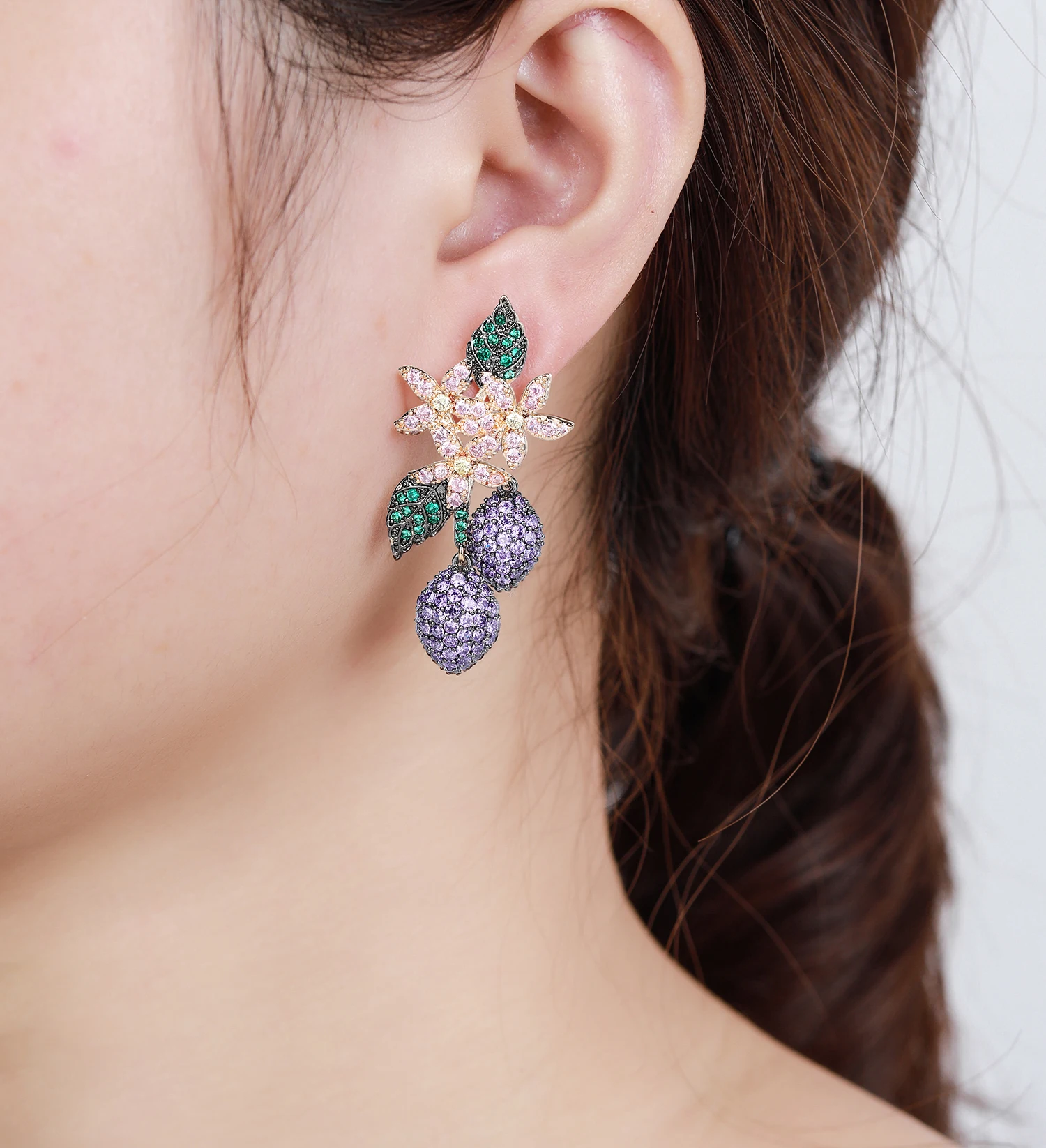 Multicolors Cubic Zircon Strawberry Earrings for Wedding, Crystals Leaves Earring for Party, Women Girl Gift CE11148