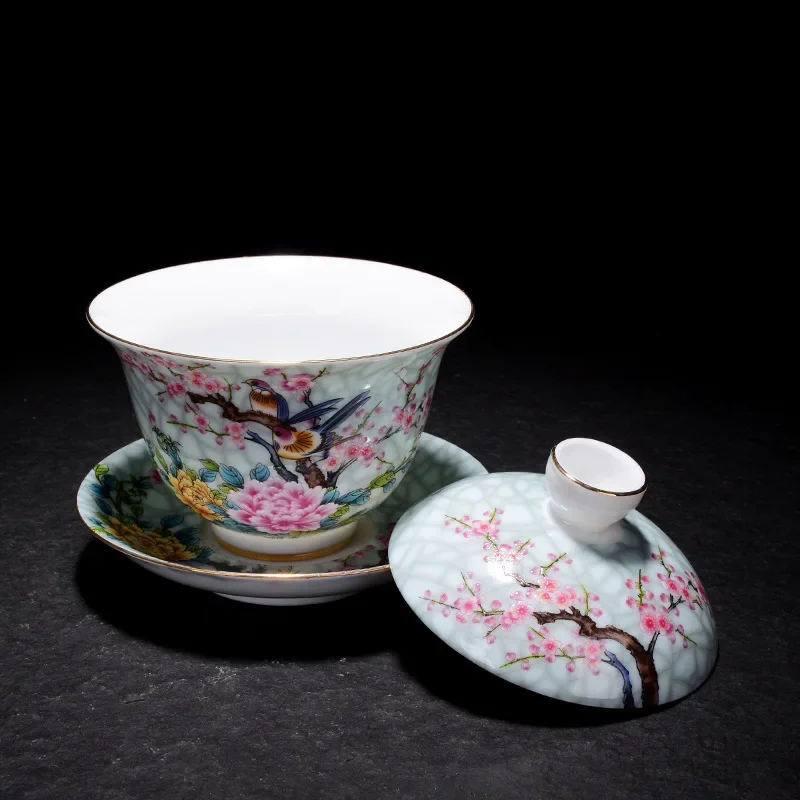 Jingdezhen porcelain art bird gaiwan ceramic flower tea bowl saucer lid kit master tea tureen drinkware gift 180ml