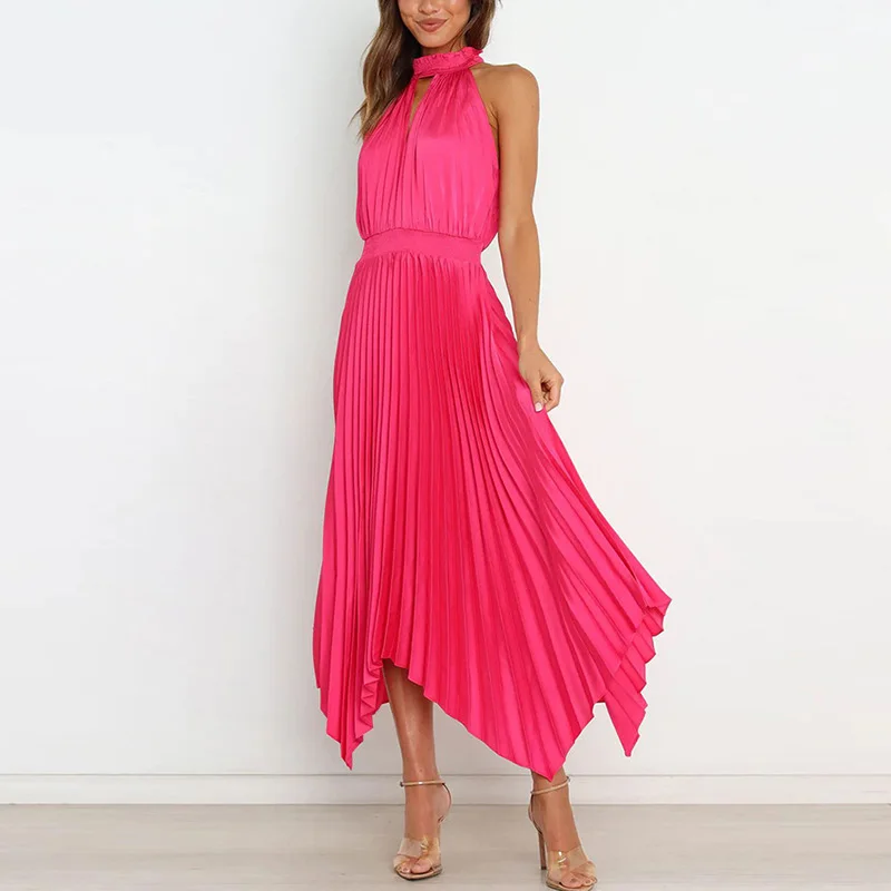 

Chic Women Summer Solid Off Shoulder Party Dress Fashion Draped Pleated Long Dress 2023 Loose Sleeveless Hollow Halter Dresses