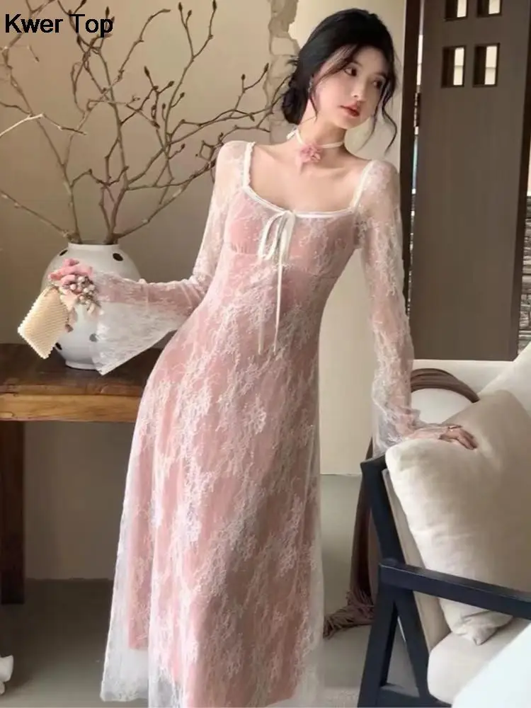 

Романтичное французское кружевное платье в стиле пэчворк, женское однотонное платье трапециевидной формы на шнуровке для выпускного вечера, летняя повседневная Милая Корейская одежда