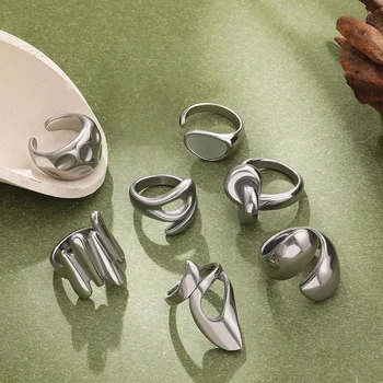 Anelli geometrici irregolari in acciaio inossidabile per le donne Regalo di gioielli con dichiarazione di anelli di apertura larghi e lisci minimalisti 1