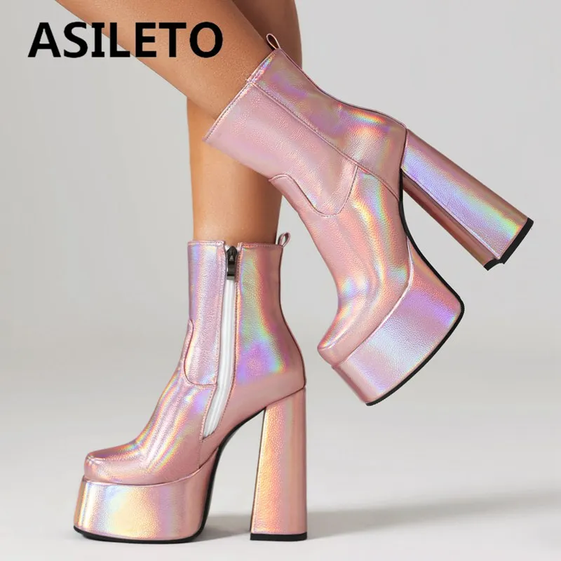 

ASILETO Brand Female Ankle Boots Square Toe Block High Heels 14cm Platform Hill 5.5cm Zipper Big Size 41 42 43 Sexy Party Bota