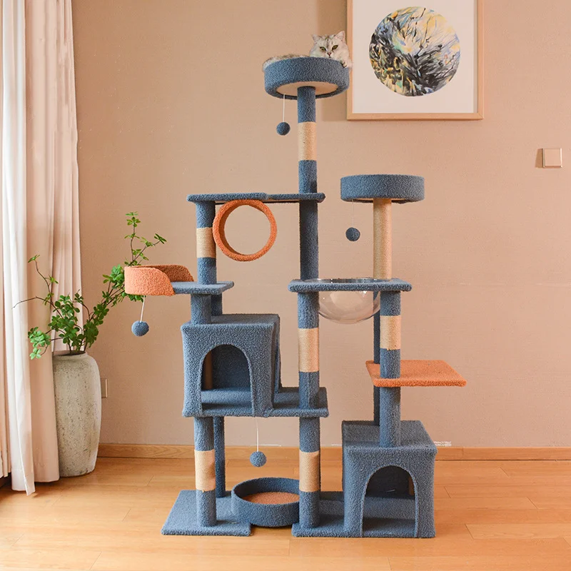 Cat Tree Tower With Sisal Scratching Post 64 Inch 162cm 2 Condos Luxury Pet Climbing Tree Multi-Level Wooden MDF Plywood OEM/ODM