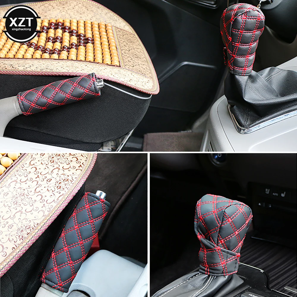 

2 in 1 Set Car Faux Leather Gear Shift Knob Cover Hand Brake Cover Sleeve Car Interior Protect Cover