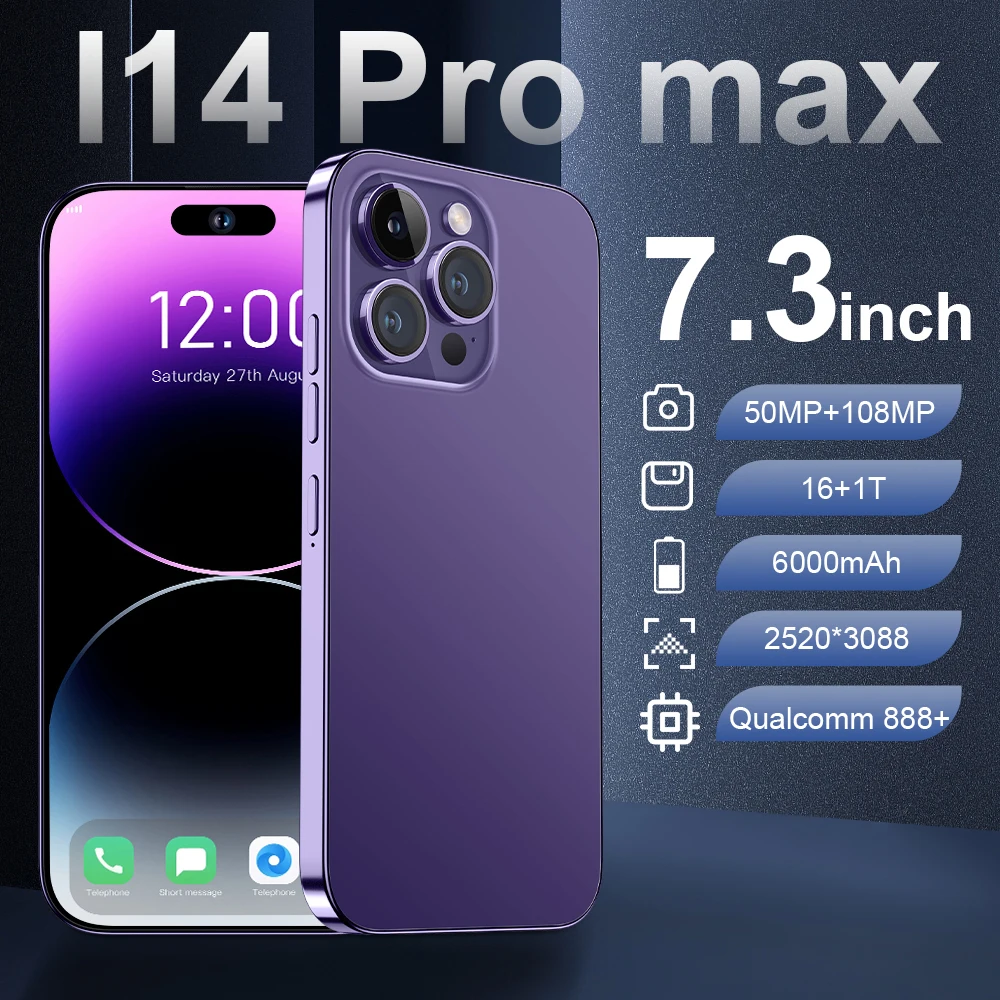 New Smartphone I14 Pro Max 5g Unlocked Face Id 6000mah Telefon 16gb 1tb 