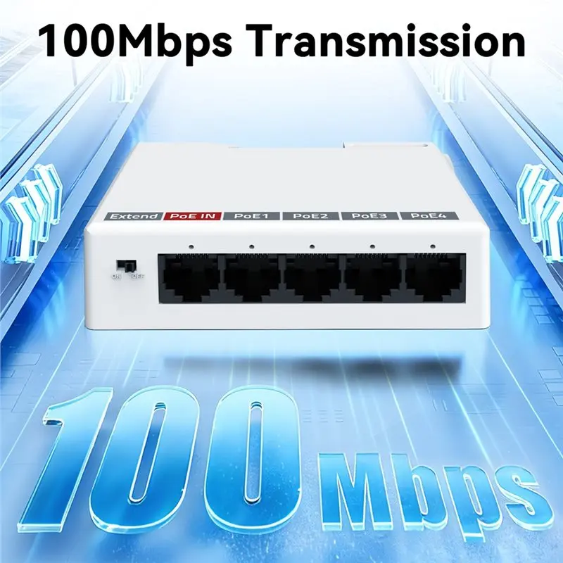 새로운 제품-48V Poe 스위치 NVR IP 카메라 AP 100M 5 포트 POE 익스텐더 DIN 레일 60W 입력 리피터 IEEE802.3Af/At 플러그 앤 플레이