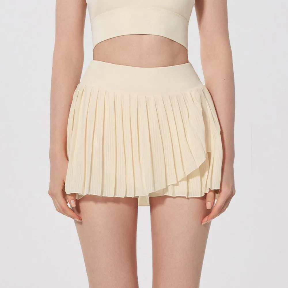 Summer Women's Pleated Tennis Skirt Inner Pocket Cross Fork Design Elastic Waist Golf Dancing Fake 2 Pieces Sports Skirt