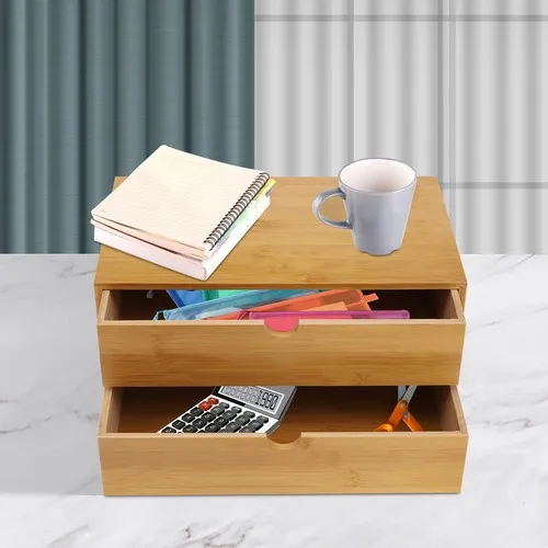 Desktop storage box with supplies organized inside