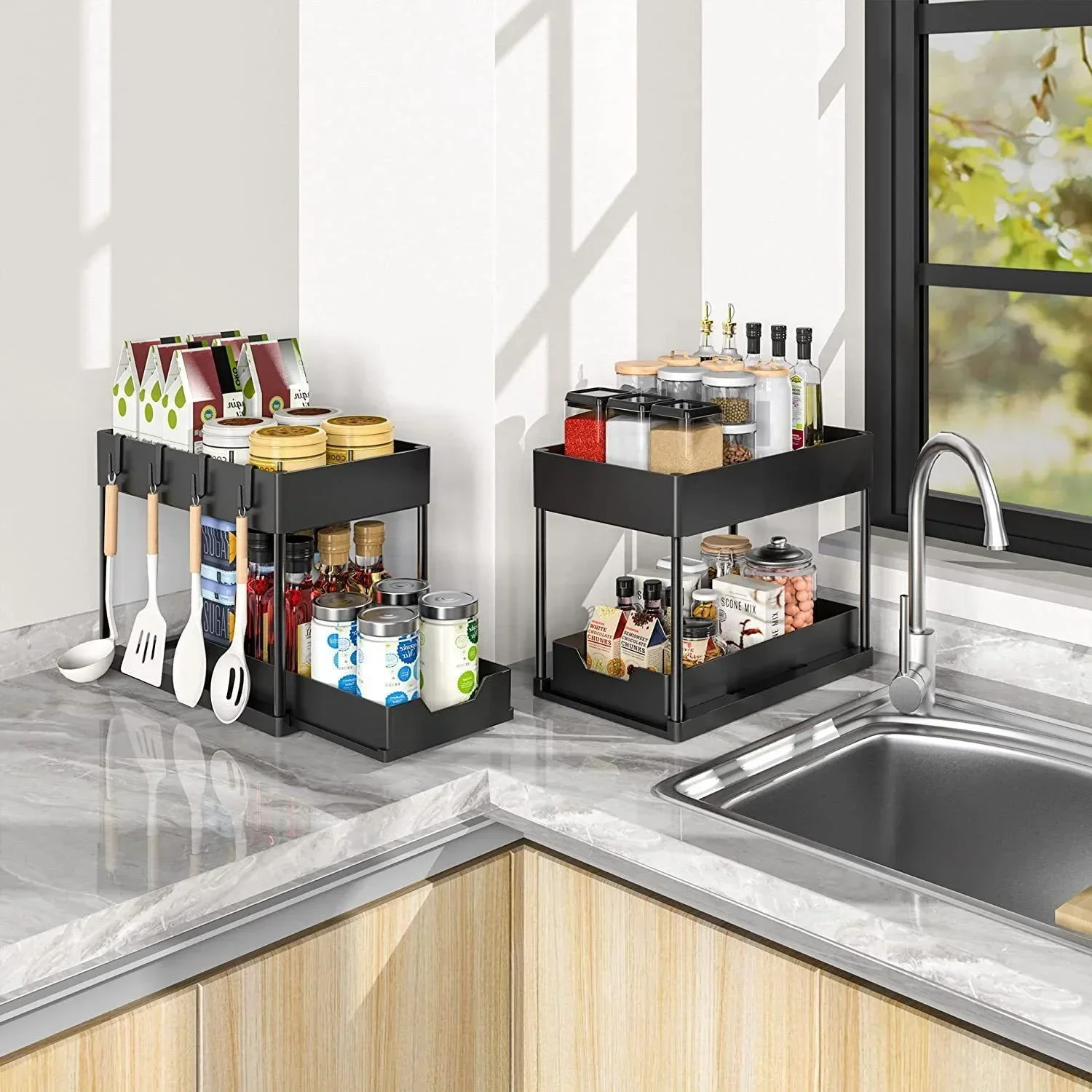 2 Tier Under Sink Organizer Sliding Cabinet Basket Organizer Storage Rack with Hooks Hanging Cup Bathroom Kitchen Organizer 6