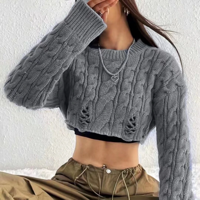 Spring and Autumn New Spice Girl O Neck Solid Color High Waist Navel Long Sleeve Knitwear Short Sweater Fashion Women's Clothing