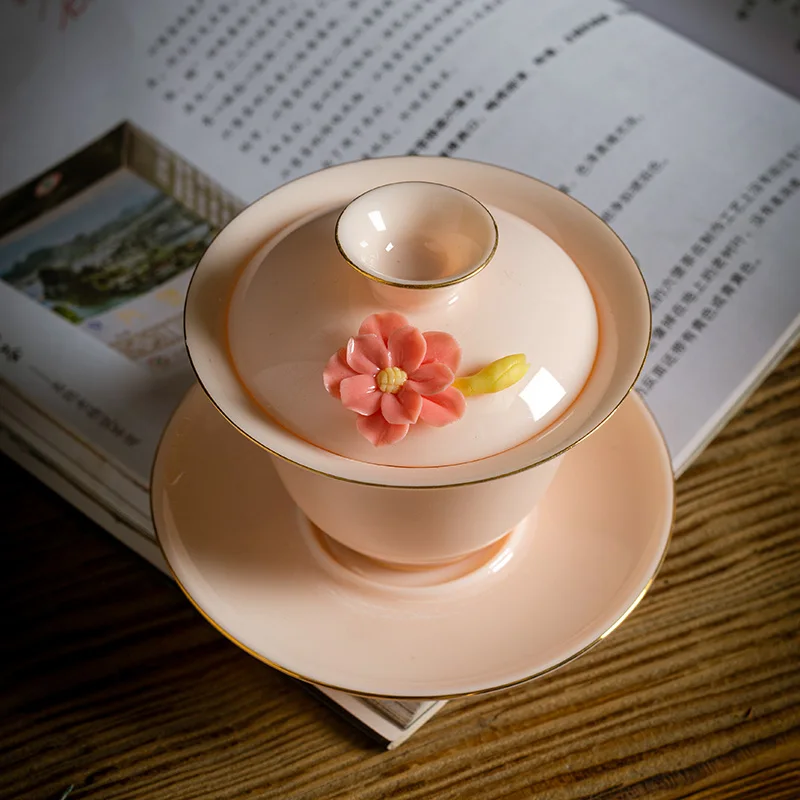 Flower Language Covered Bowl Hand Pinched Flower Bubble Tea Bowl for Girls Girlfriend Gift Ladies Chinese Kung Fu Tea Set
