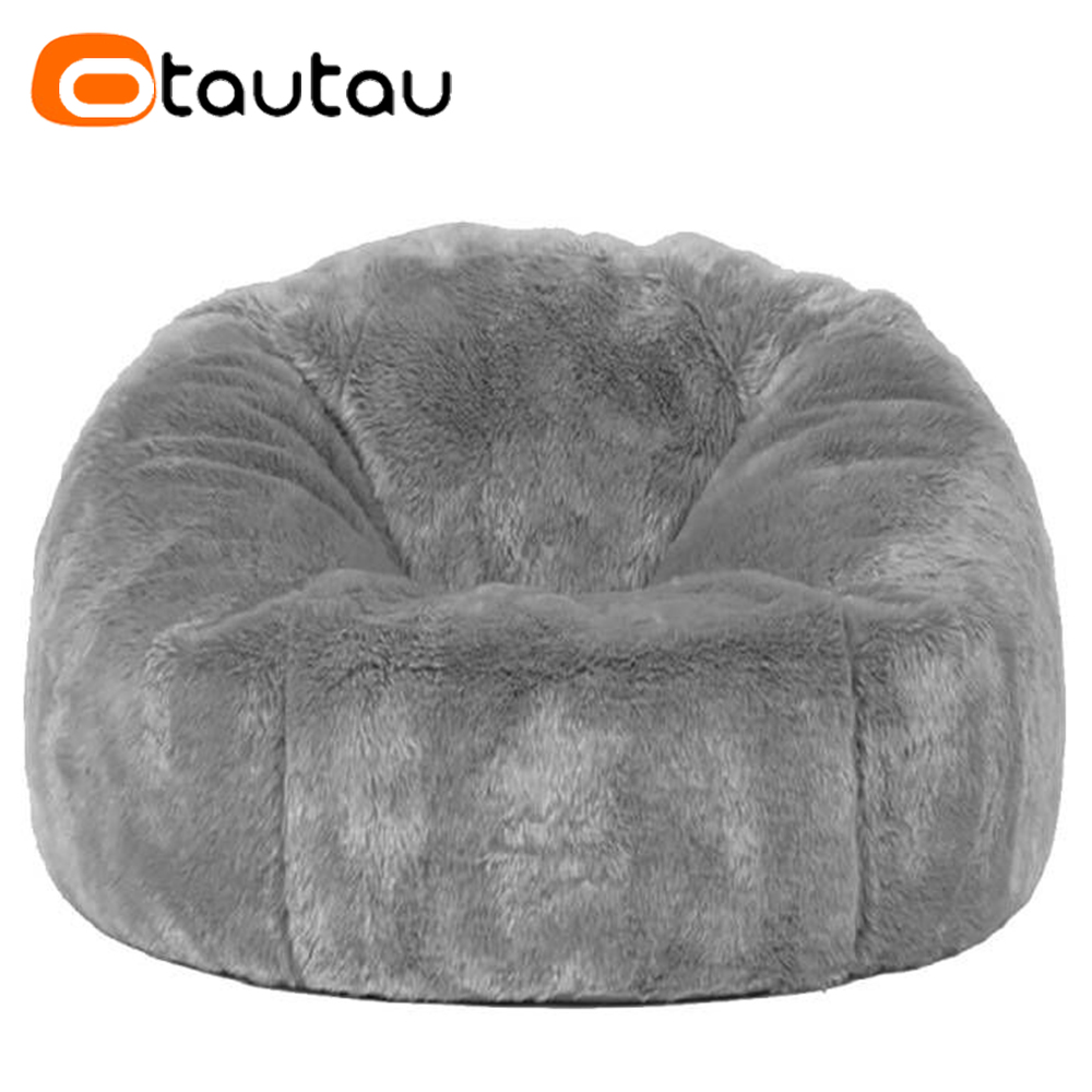 OTAUTAU Adults  Children Fluffy Faux Fur Bean Bag Pouf Cover without Filler Beanbag Puff Salon Ottoman Corner Seat Sac DD003