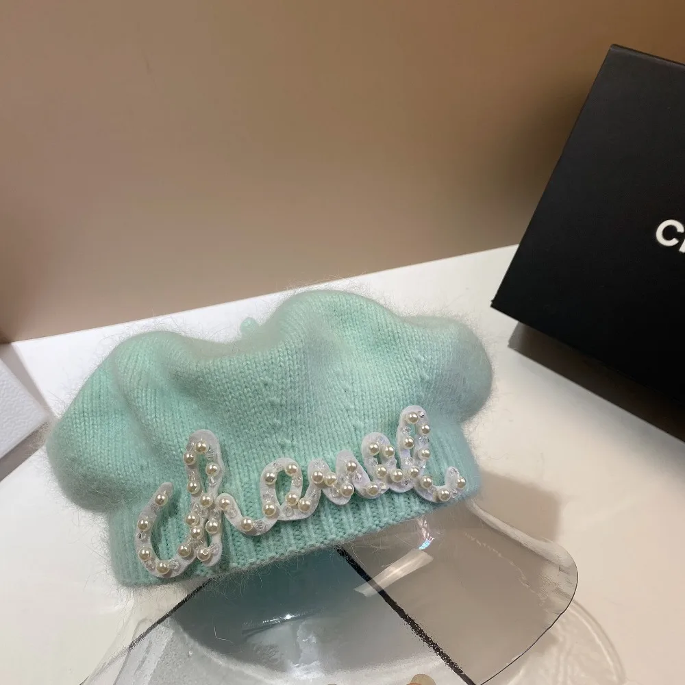 

Дышащий берет из кроличьего меха с жемчужными буквами, ветрозащитный шерстяной Теплый Плюшевый вязаный берет художника, теплая мягкая и приятная для кожи