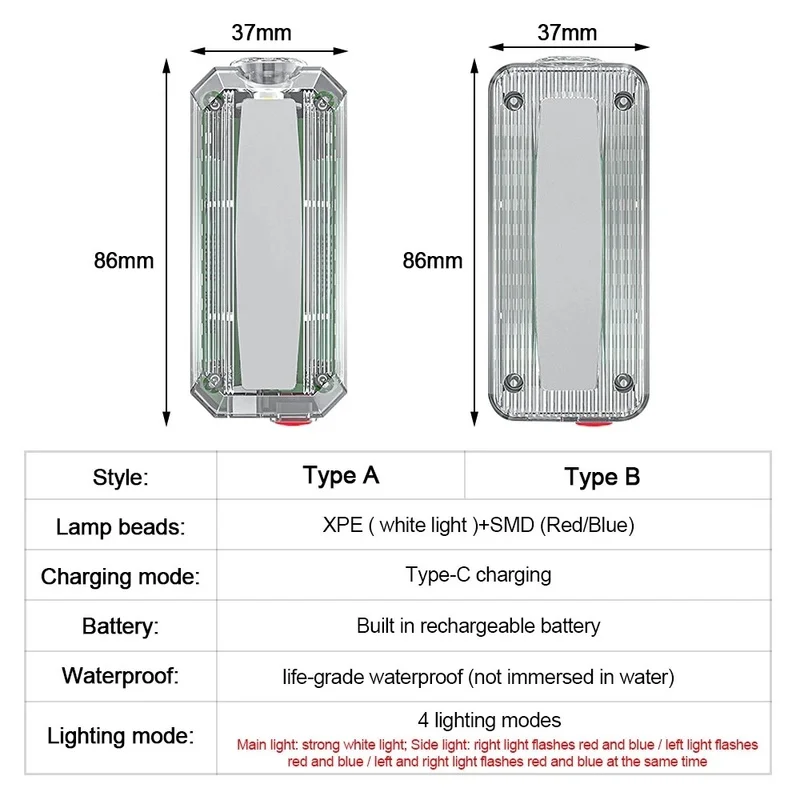 LED Red Blue Emergency Police Light with Clip USB Rechargeable Shoulder Flashing Warning Safety Run Torch Bike Striking Light