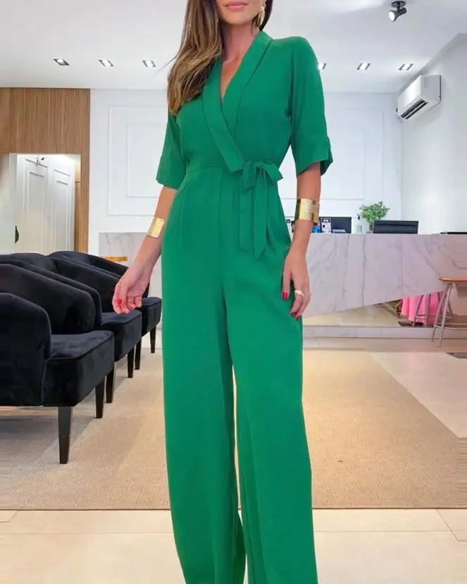 2024 Women Elegant Jumpsuit Shawl Collar V-neck Cross Tie Half Sleeve Wide Leg Work Jumpsuit Temperament Commuter Jumpsuit