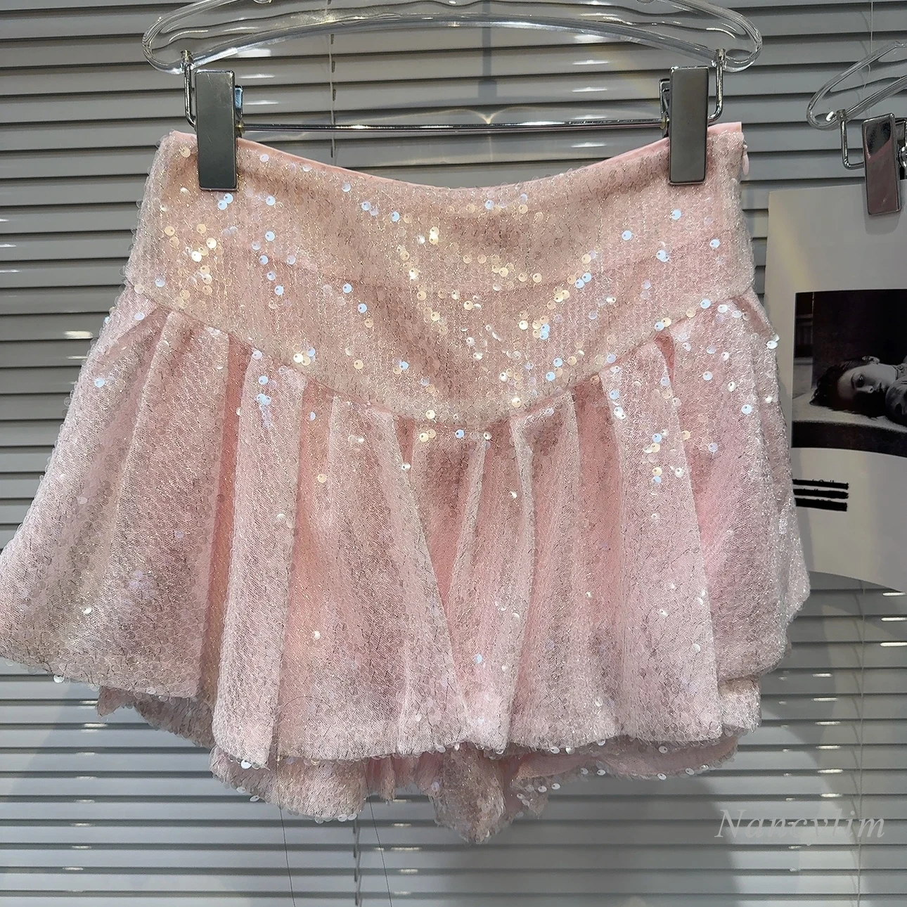 Summer 2024 New Style Pink Sequin Heavy Industry Pleated Skirt for Women Y2K Skirt High Waist Short Irregular Skirts