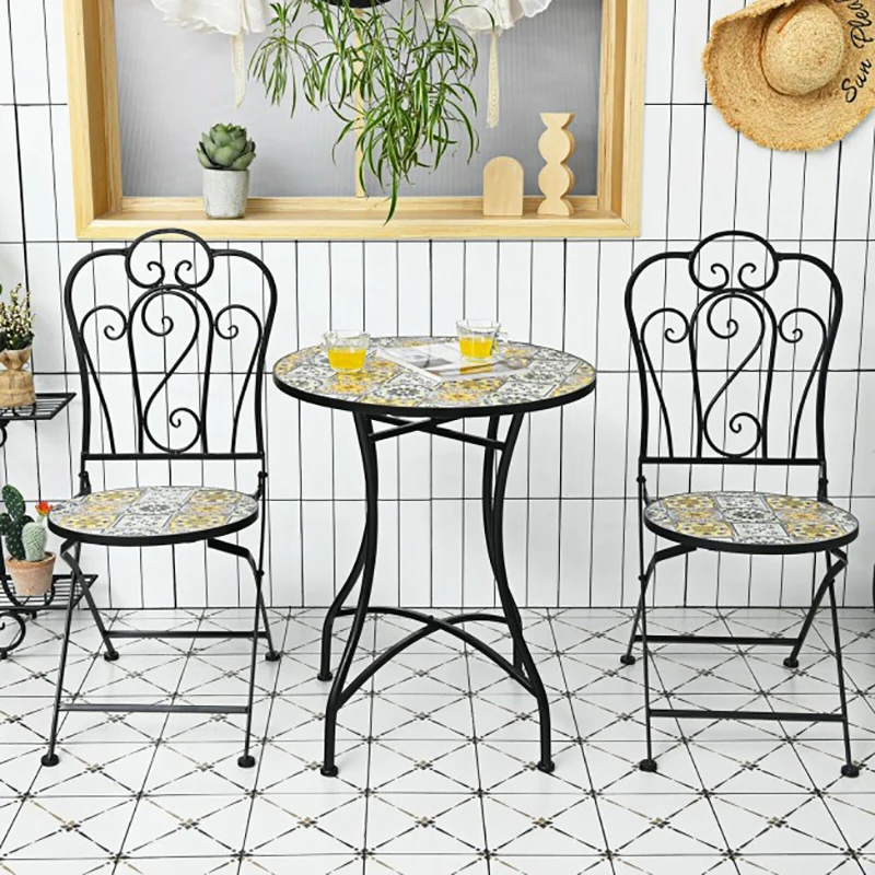 

3 Pieces Patio Bistro Mosaic Design Set with Folding Chairs and Round Table Coffee and Communication Table