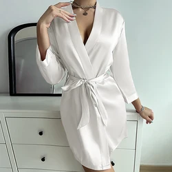 Women's Summer Lace-Up Bathrobe - Elegant Ice Silk Morning Gown - S (WHITE)