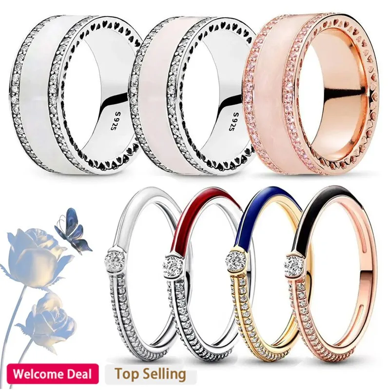 New Popular 925 Sterling Silver Original Women's Zircon Hollow Heart Ring with Two Tone Drip Gel Ring DIY Fashion Charm Jewelry 925 sterling silver original women s rose gold shell water drop transparent zircon cz heart to heart ring diy charm jewelry