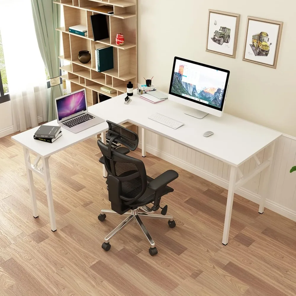 "white corner l-shaped computer desk for home office workstation"