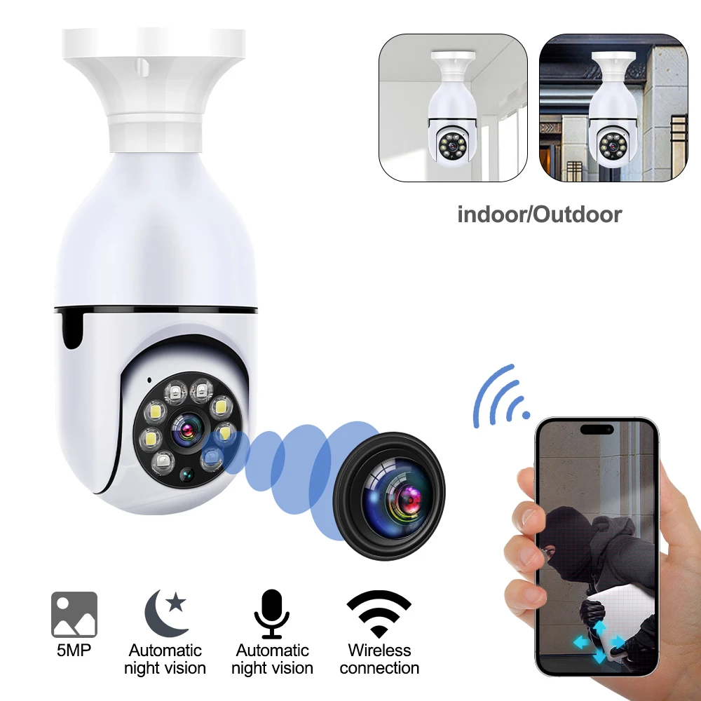 5MP E27 Bulb Wifi Surveillance Camera 2.4G Outdoor 4X Digital Zoom AI Human Detect H.265 P2P Audio Baby Monitor Wireless Camera