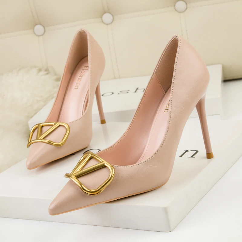 Sexy PU Leather Pointed High Heels Female 2024 New Professional Metal Buckle Shoes Red Stiletto Single Shoes Zapatos De Mujer
