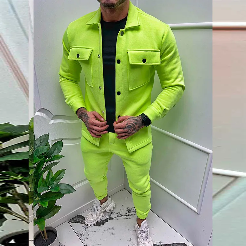 Autumn and Winter New Men's Casual Set Outdoor Multi Pocket Solid Color Thickened Fashion Coat Top Pants Two Piece Set