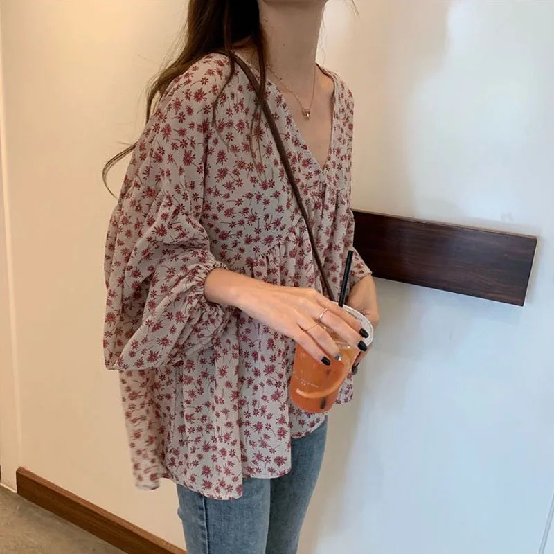 V-neck Chiffon Shirt Women Sweet Tops Blouse 2025 Spring Korean Floral Print Long Sleeve Casual Loose Slim Lady Clothes New 9307 6