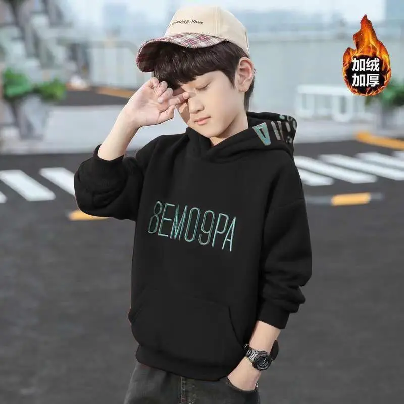 Children's Letters Autumn and Winter Fleece-Lined Thickened New Hooded Children's Western Style Top Sweater Clothing