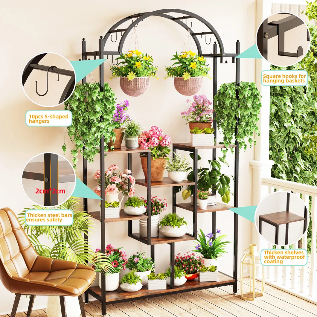 Tall Indoor Plant Stand Arched Metal Flower Rack with Hanging Hook Multi-Purpose Large Storage Shelf