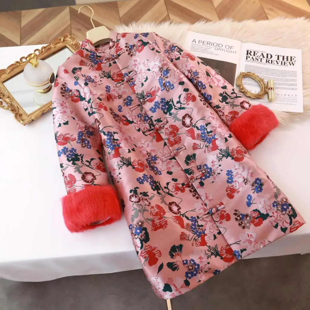 

Qipao Tang Garments Women Chinese Cheongsam Floral Printing Cotton Lining Jacket Autumn Winter Thicken New Year Coats Yellow Red