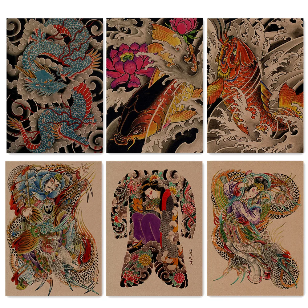 Retro Body Tattoo Art Poster Ukiyo-E Art Works Wallpaper Vintage Matte Kraft Paper Print Painting Wall Sticker Decorazione Della Casa 7