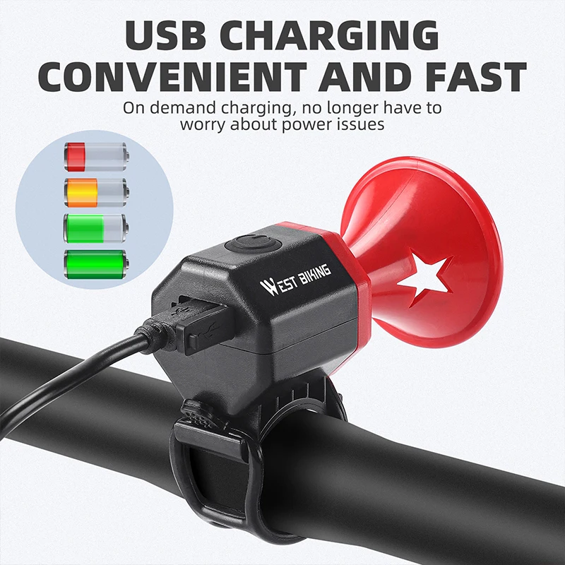 WEST BIKING Bicycle Electric Horn Loud 90 Decibels USB Charging Waterproof Mini Bike Bell MTB Road Bike Bell Cycling Accessories