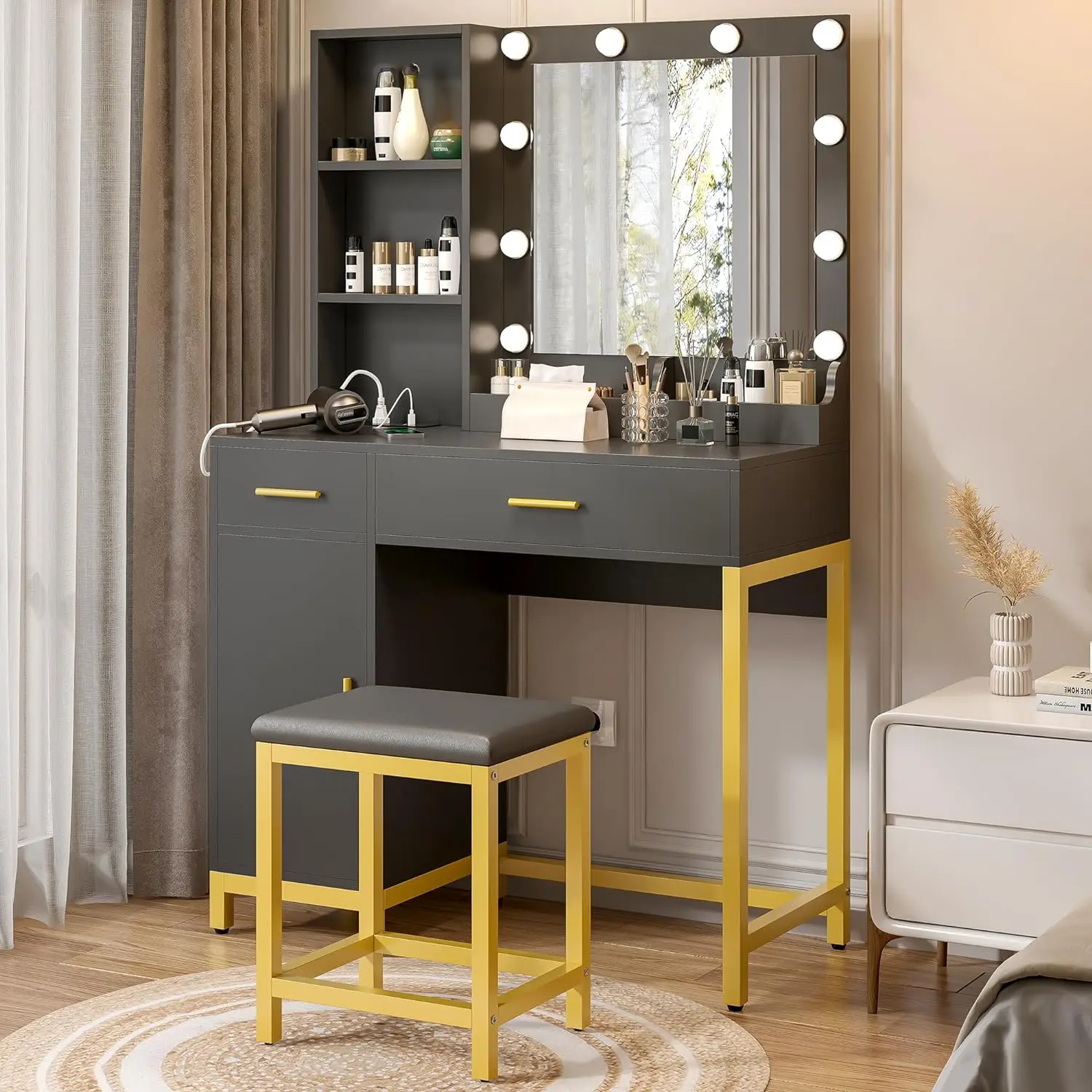 

Aufvolr Vanity Desk with Mirror and Lights and Stool, Makeup Vanity Desk with Charging Station, Sturdy Metal Frame, 2 Drawers