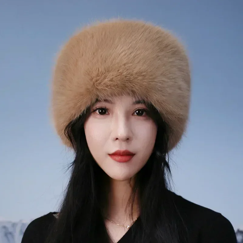 Super Fashion Winter Snow Hat Faux Fur Thick Women Fluffy Fur Cap Ski Russian Windproof Hat Party Luxury Warm Fox Fur Cap Black 5