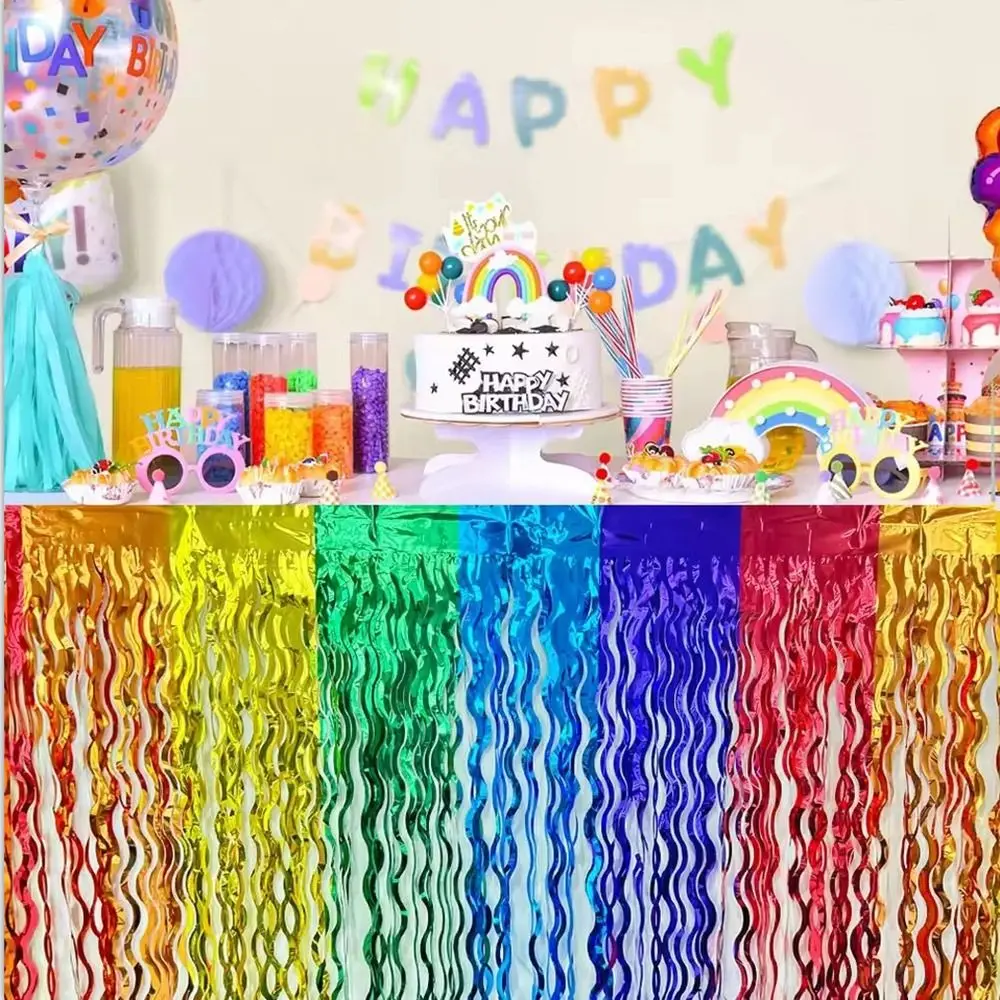 Colorful Rainbow Wavy Table Skirt 75*275cm Table Dress Tablecloths Metallic Foil Tinsel Cloth Halloween Christmas Day