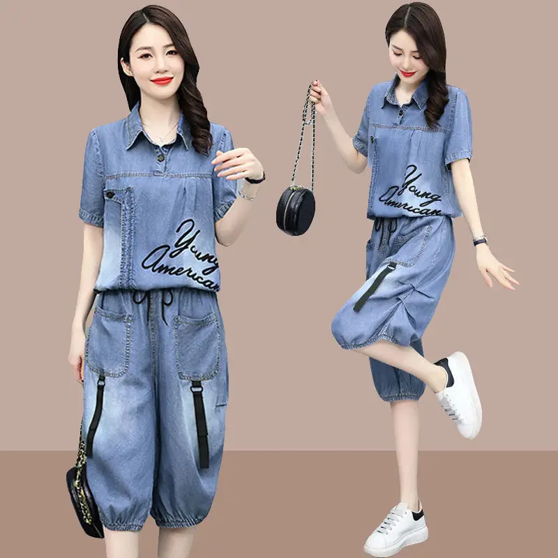 summer thin denim jumpsuit blue women cotton casual overalls cropped short sleeves drawstring ankle tied pants one piece outfit Casual Denim Set for Women Belly Covering Slim and Thin Cropped Wide Leg Pants Summer New,2-Piece Set 2024