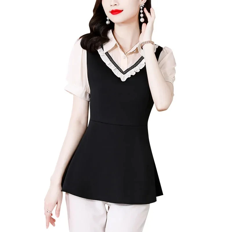 

Высококлассная облегающая тонкая женская рубашка из двух частей, новая летняя комбинированная рубашка контрастных цветов, модный элегантный женский топ