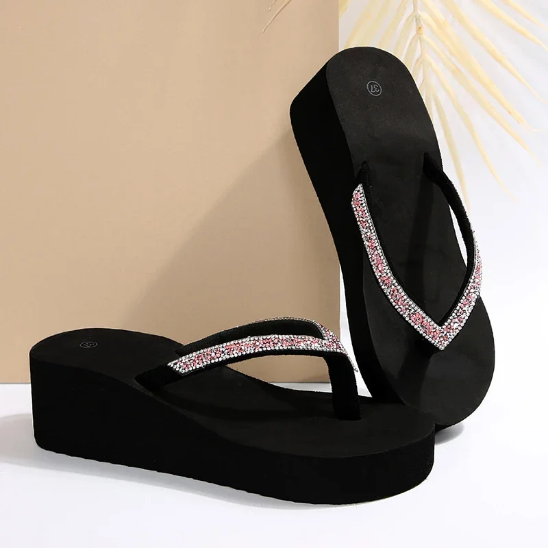 Black Wedge Candies Bling Wedge Flip Flops Yellow Box Cliff