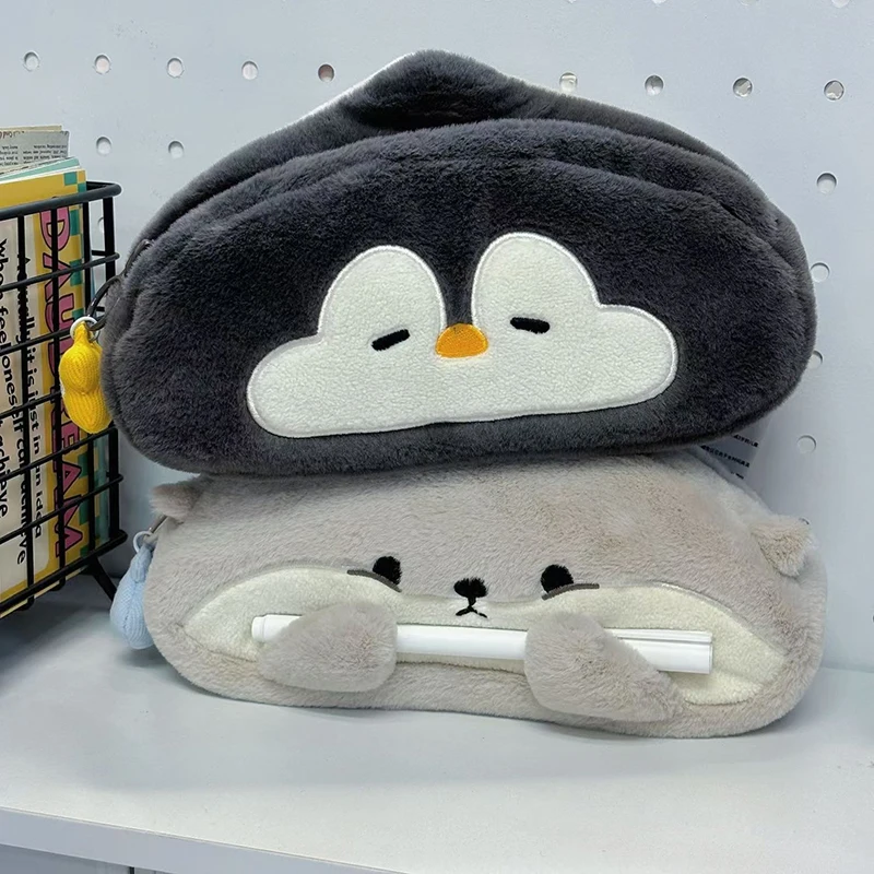 Cute Little Otter Penguin Plush Pen Bag Large Capacity Kawaii Pencil Case Stationery School Supplies Stationery Bag pencil cases pen storage bag stationery box