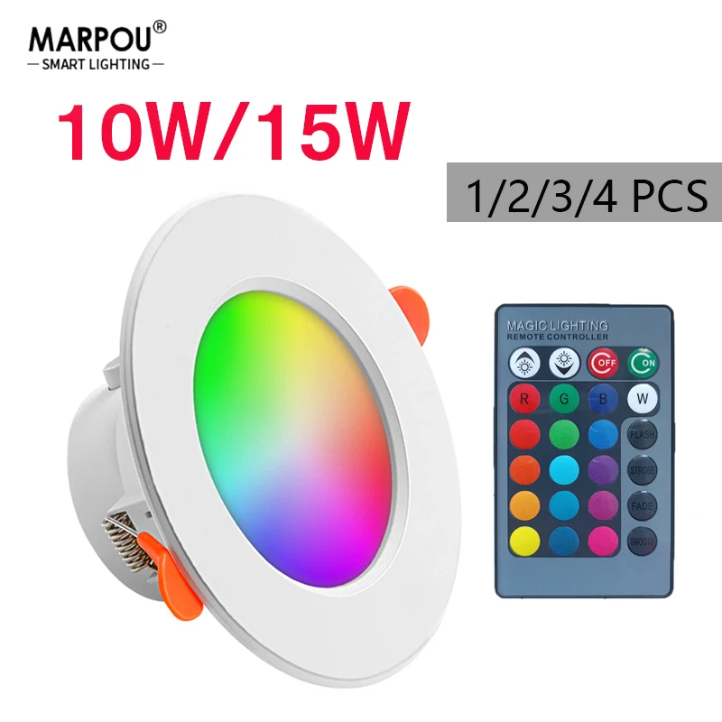 Marpou 1/2/3/4PCS RGB LED Downlight 16colors Dimmable Spotlight 10W/15W IR Remote Led Down Light Room Decor AC220V LED Panel led downlight recessed ceiling spotlight