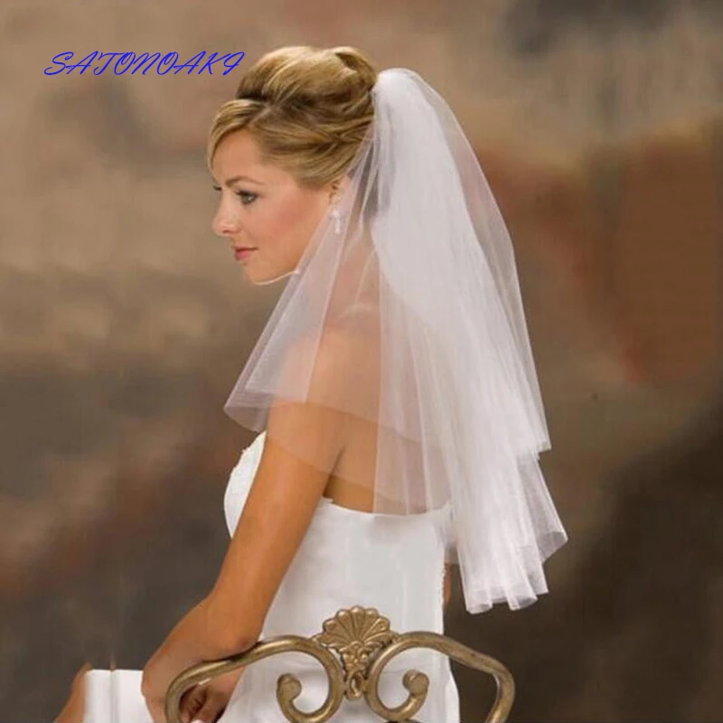 

Simple Two Layers Wedding Veils Ivory White Short Tulle Bride Voile with Comb Wedding Accessories Una Pieza Vestido De Novia