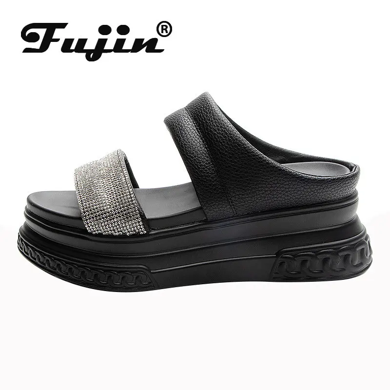 

Fujin 7cm Rhinestone Genuine Leather Women Summer Peep Toe Platform Wedge Sandals High Brand Elegant Comfy Slides Beach Shoes