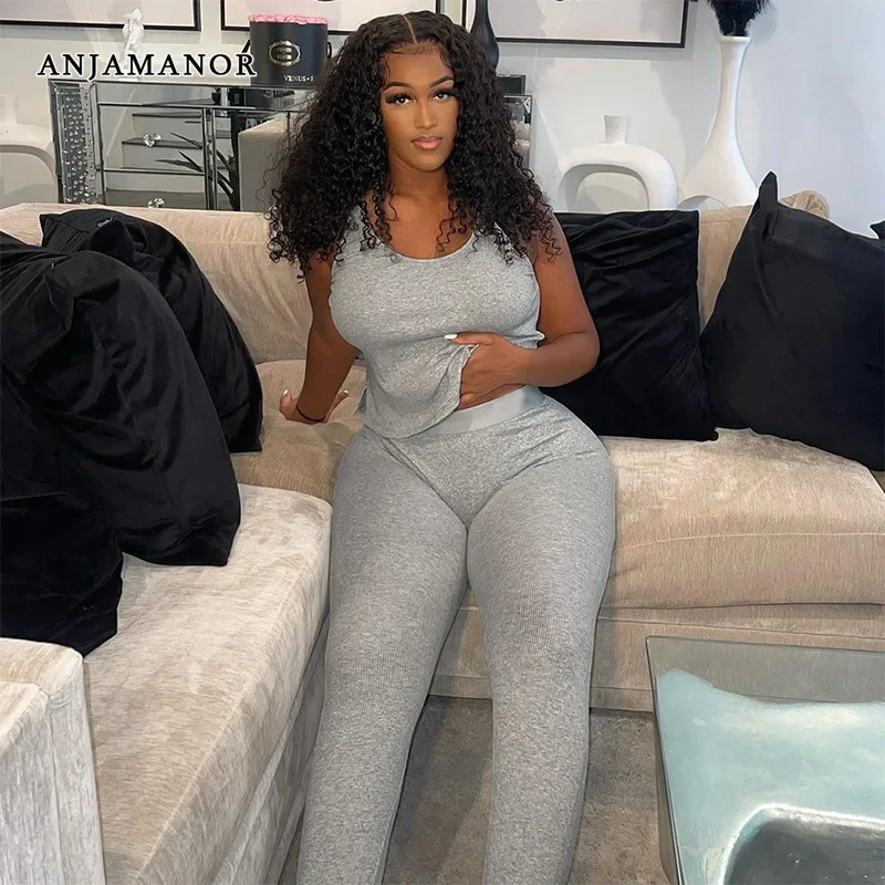 

ANJAMANOR Grey Rib Knit Casual 2 Piece Pant Sets Women Outfit Tracksuit Active Wear Crop Top Leggings Comfy Lounge Wear D85-CI26