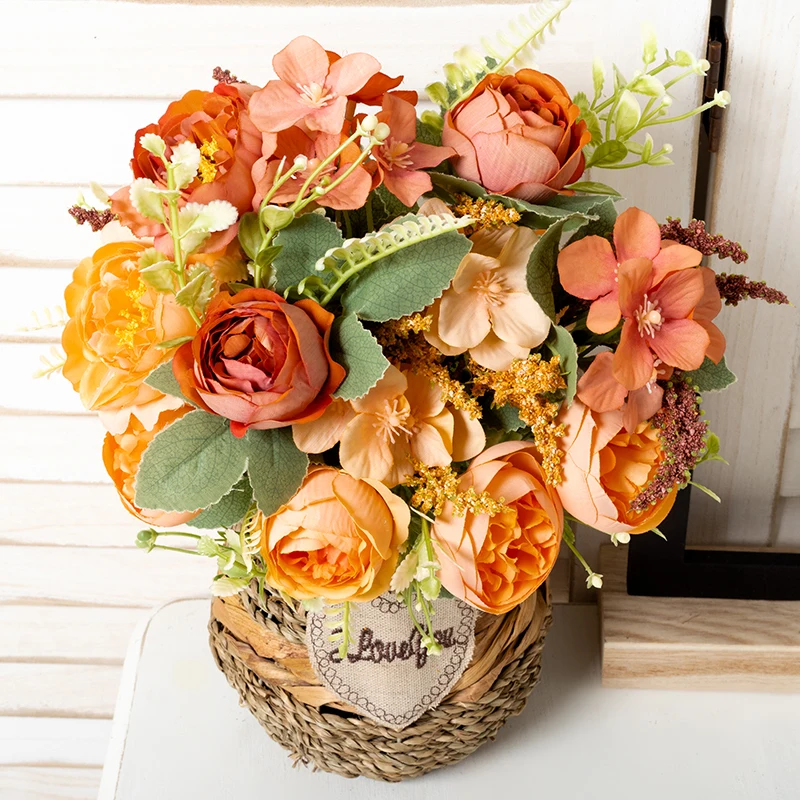 OrangeArtificialFlowersAutumnPeonyHomeGardenTableDecorCamellia