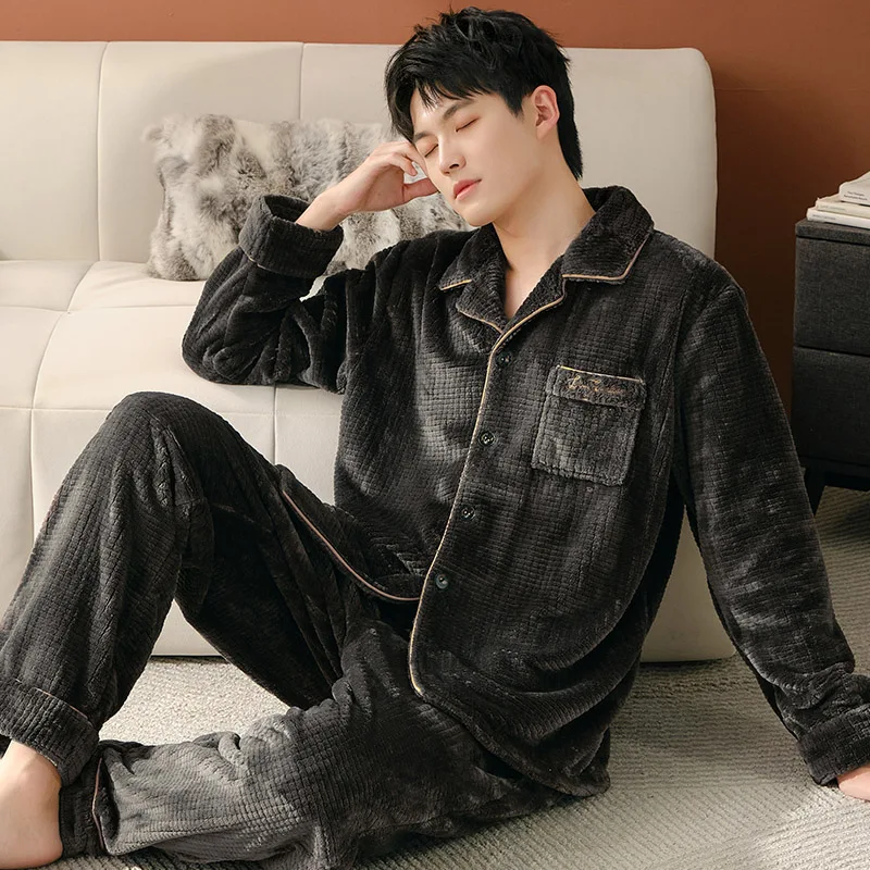 겨울 파자마 남성용 두꺼운 산호 플리스 파자마 세트 따뜻한 잠옷 플란넬 남성용 파자마 세트 캐주얼 홈웨어 파자마 옴므 3XL