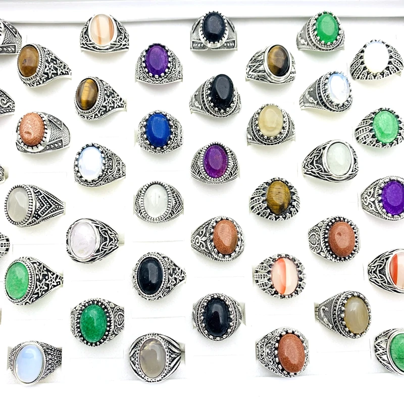 Wholesale 20PCS/Lot Retro Rings For Men Women Natural Stone Silver Plated Fashion Jewelry Accessories