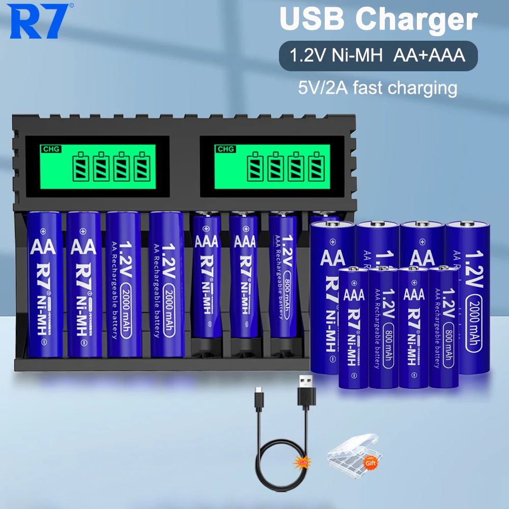 

R7 1.2V AA Rechargeable Batteries 2000mAh+1.2V 800mAh AAA Battery Ni-MH AA+AAA Rechargeable Battery for Camera Toy Clock Radio